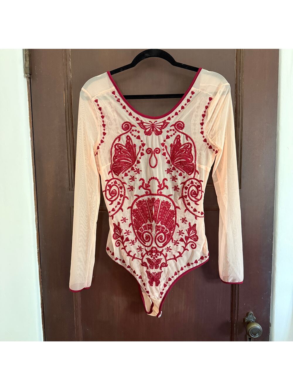 BANJUL | Peach Mesh Embroidered Bodysuit Open Back | Large